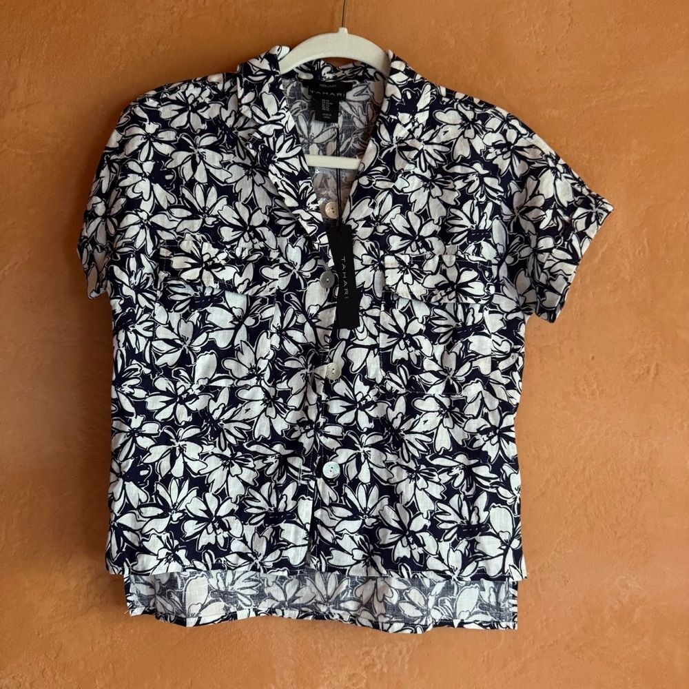 Tahari 100% Linen Floral Button Front Shirt Size XS NWT